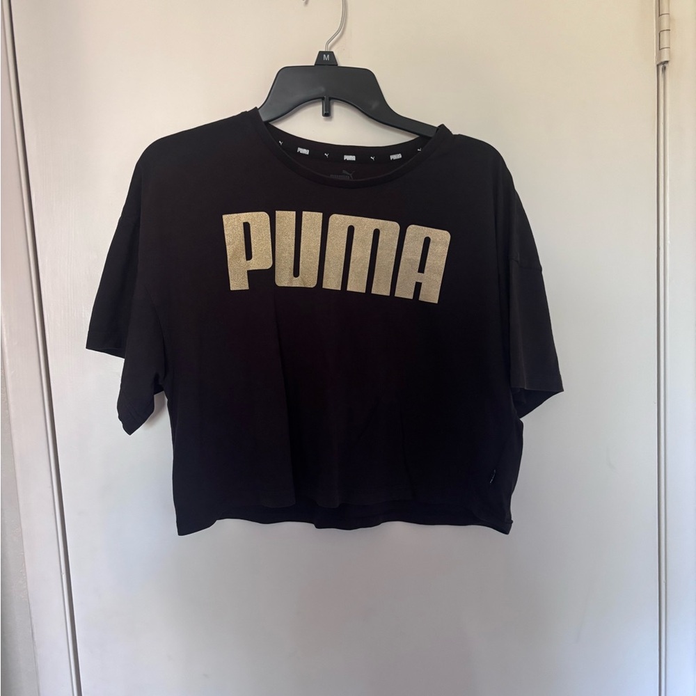 Puma Black Cropped Tee with Gold Logo